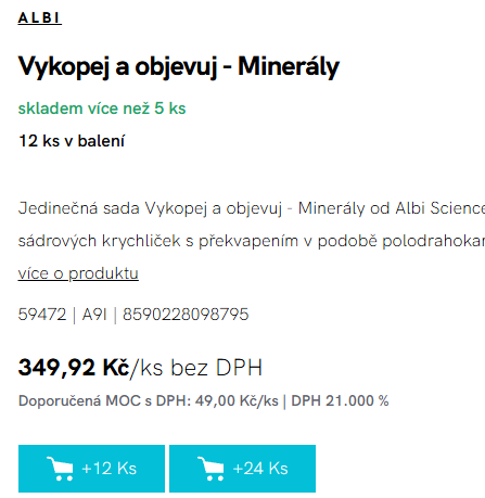 Detail produktu Vykopej a objevuj Minerály: 12 ks v balení, cena 349,92 Kč/ks bez DPH, doporučená MOC 49 Kč/ks, tlačítka +12 Ks a +24 Ks