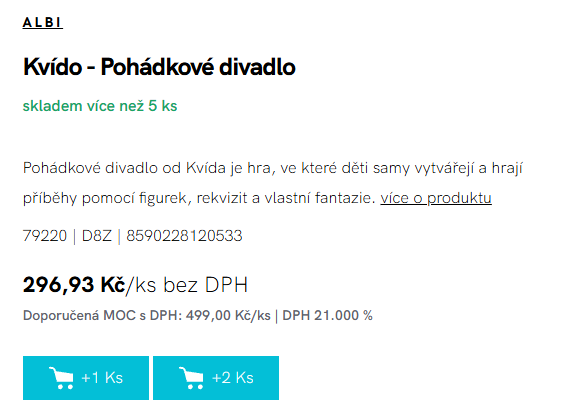 Detail produktu Kvído Pohádkové divadlo: cena 296,93 Kč/ks bez DPH, doporučená MOC s DPH 499 Kč