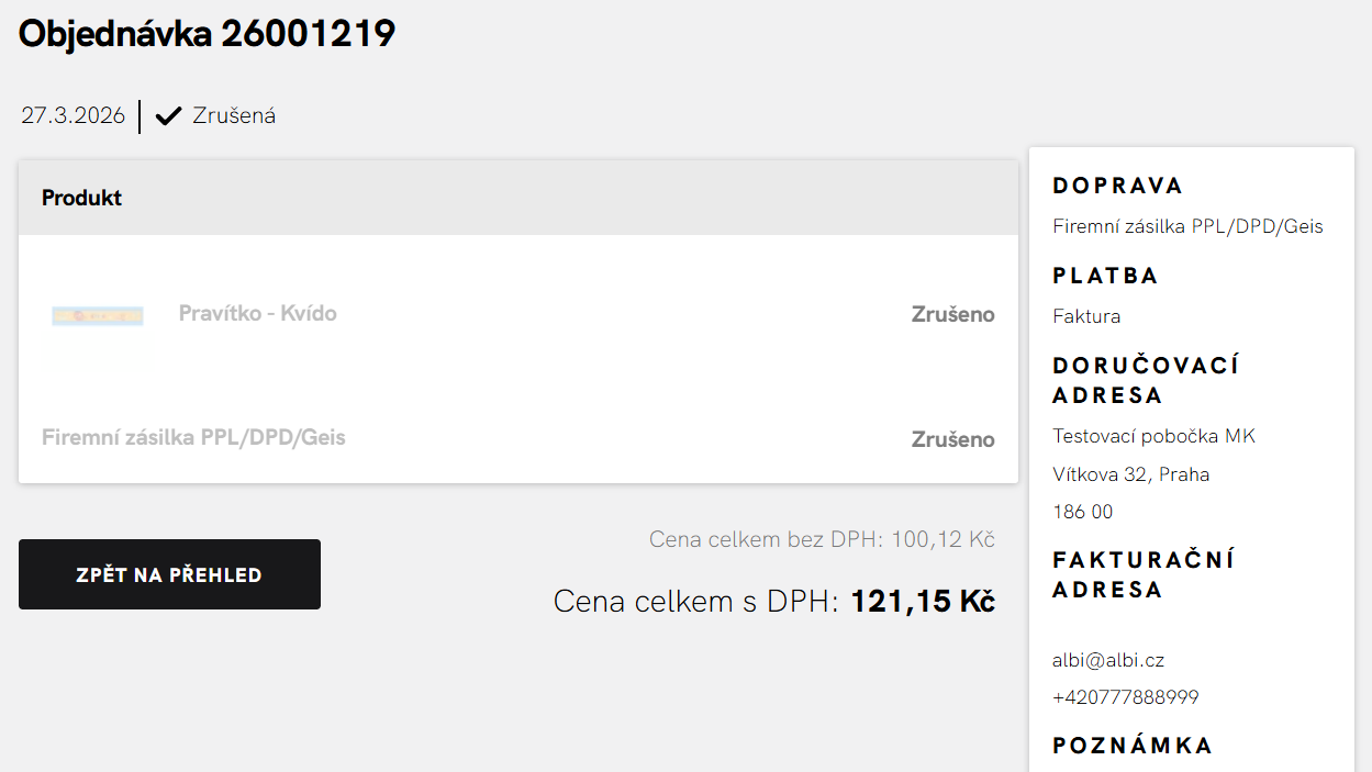 Detail objednávky: položky, doprava, platba, adresy a souhrn s DPH a bez DPH