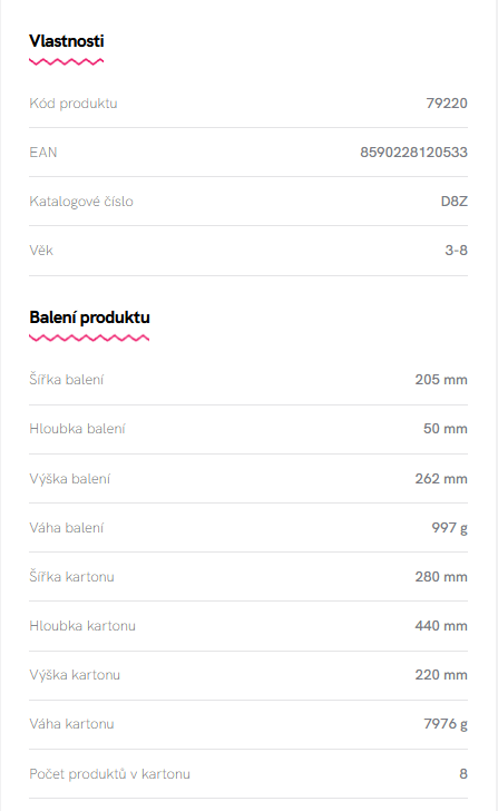 Tabulka Vlastnosti a Balení produktu: kód, EAN, katalogové číslo, věk, rozměry a váha balení a kartonu, počet produktů v kartonu