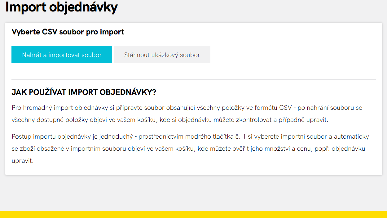 Stránka Import objednávky s tlačítky Nahrát a importovat soubor a Stáhnout ukázkový soubor