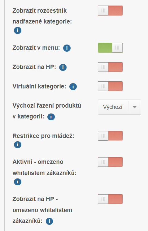 Detail kategorie v administraci s přepínačem Aktivní - omezeno whitelistem zákazníků