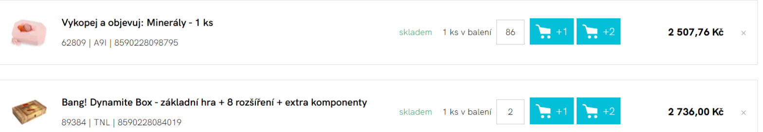 Řádky košíku na webu: kód produktu, cost level a EAN, například 62809 | A9I | 8590228098795