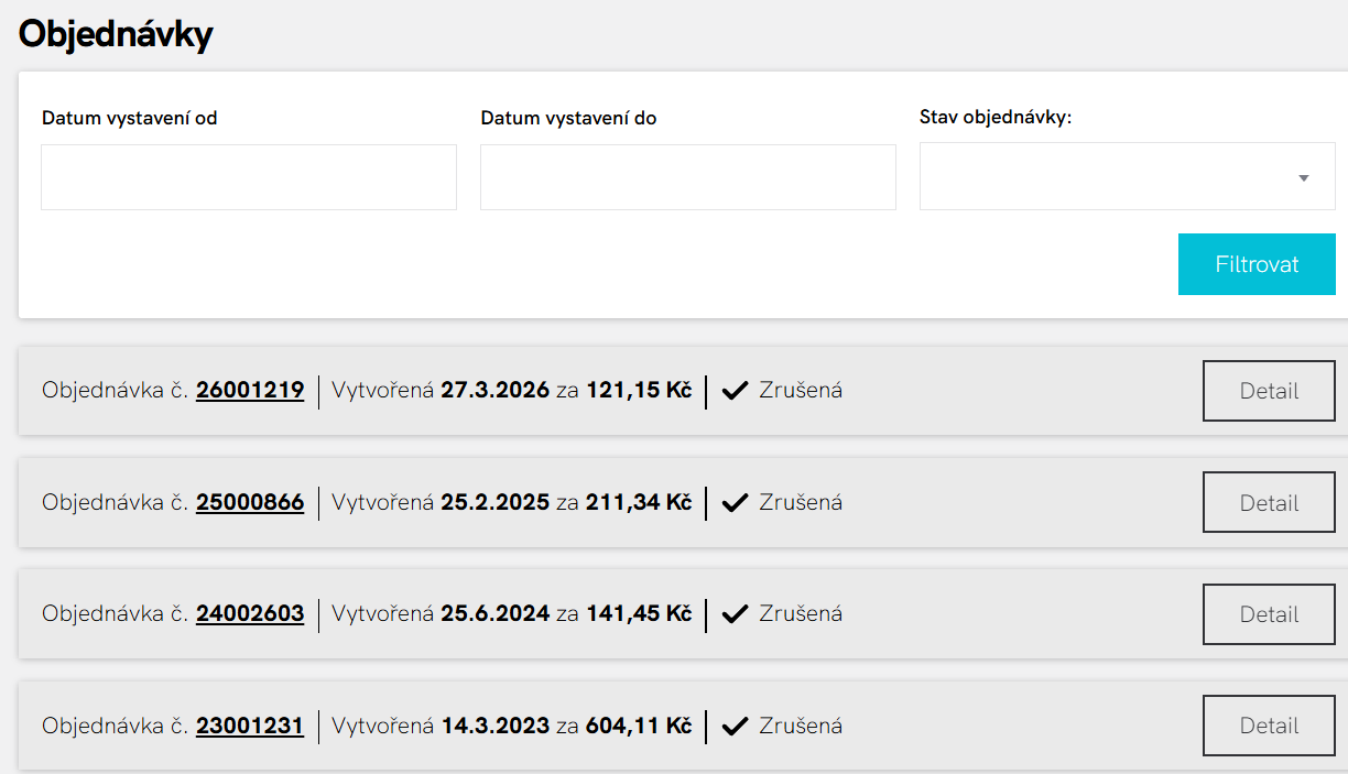 Přehled objednávek: filtr datum od, do a stav, řádky s číslem, datem, cenou a stavem