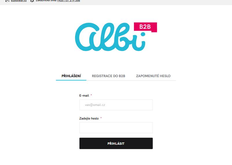 Přihlašovací stránka b2b.albi.cz se záložkami Přihlášení, Registrace do B2B a Zapomenuté heslo