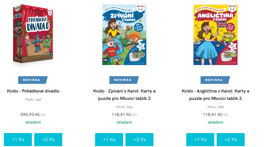 Výpis kategorie Hry: tři karty produktů s kódem a cost levelem, cenou za ks, skladem a tlačítky +1 Ks a +2 Ks