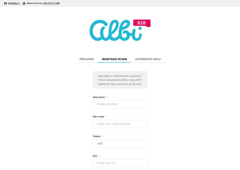 Formulář Registrace do B2B: jméno, e‑mail, telefon, IČO