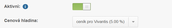 Zákazník v administraci, pole Cenová hladina s hodnotou ceník pro Vivantis 5 %