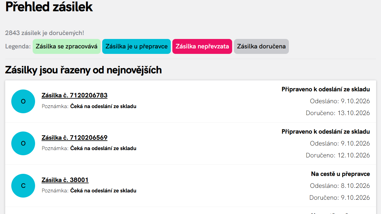 Přehled zásilek se stavy zpracovává se, u přepravce, nepřevzata, doručena