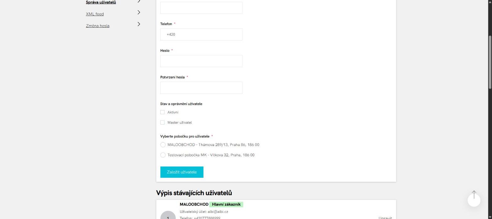 Starý B2B: rozbalený formulář nového uživatele s telefonem, hesly, stavem a výběrem pobočky
