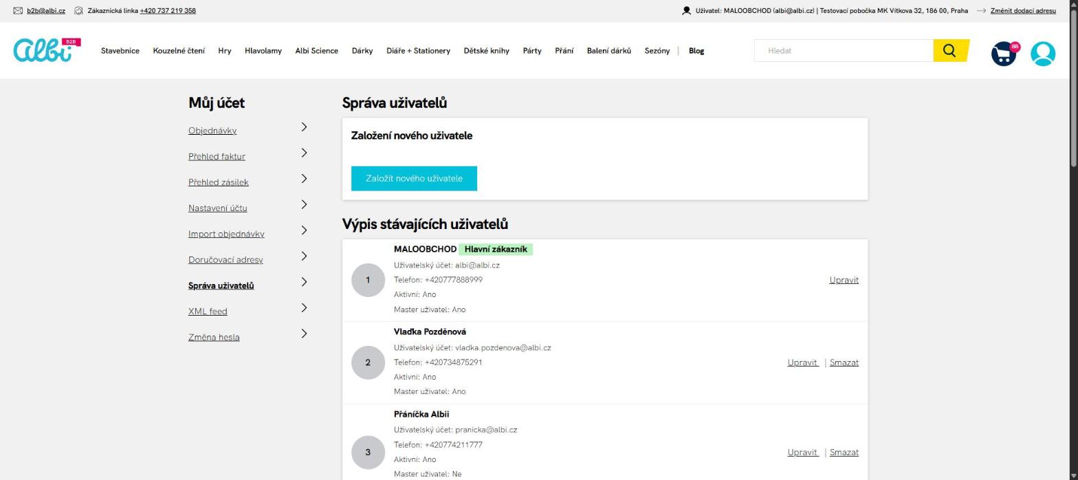 Starý B2B: Správa uživatelů s tlačítkem Založit nového uživatele a kartami uživatelů