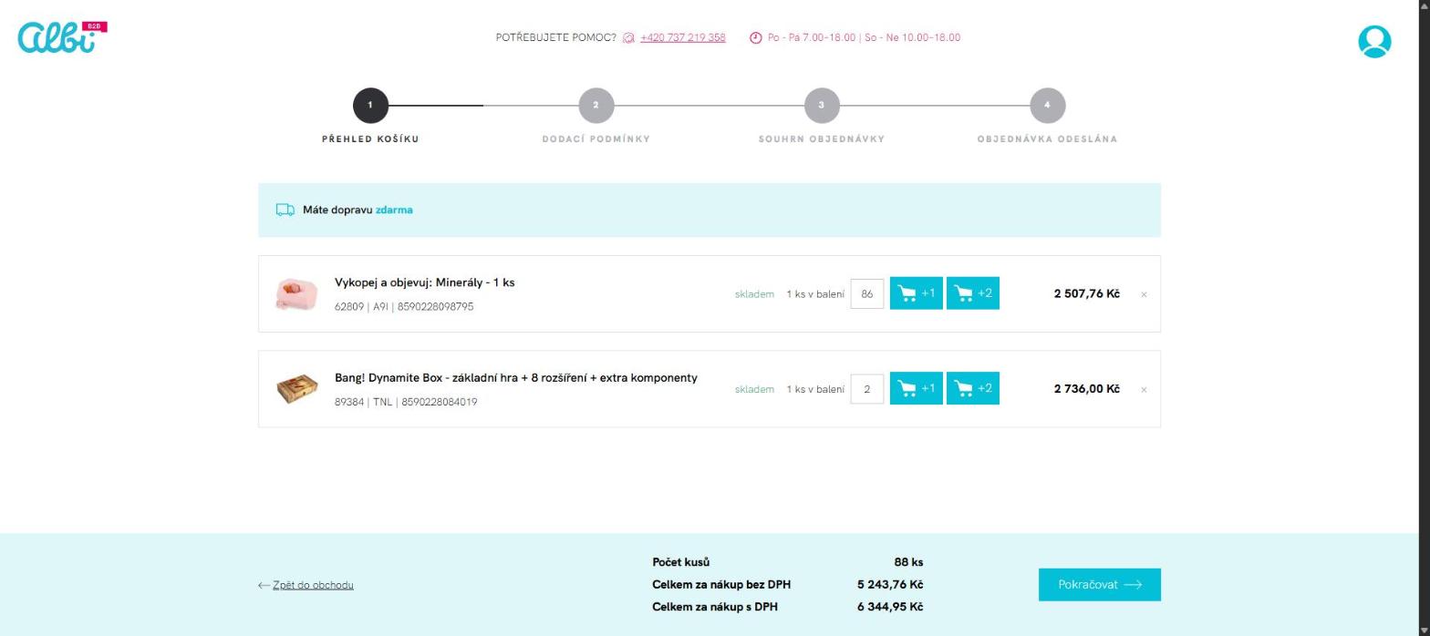 Krok 1 B2B košíku: řádky produktů s kódem, cost levelem a EAN, 1 ks v balení, tlačítka +1 a +2, souhrn bez DPH a s DPH