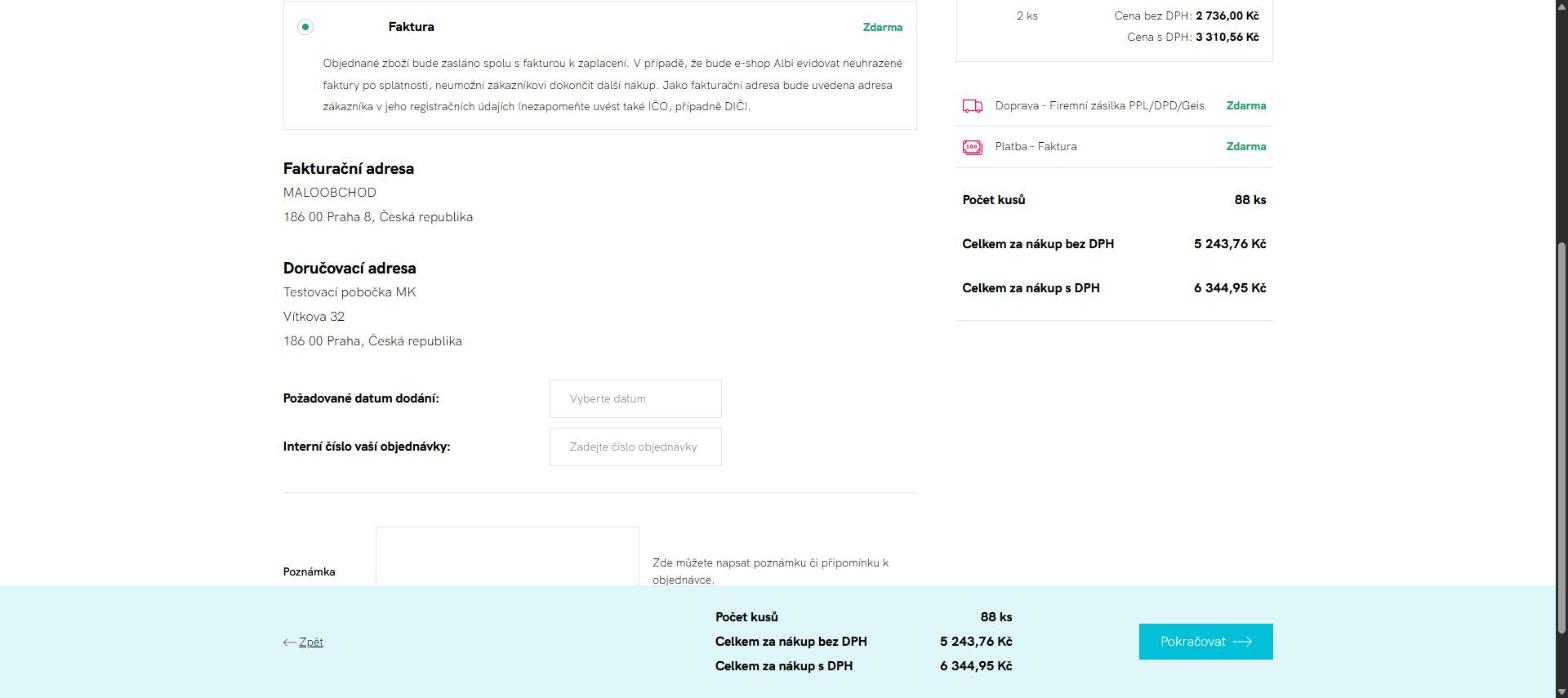 Krok 2 B2B košíku: platba Faktura, fakturační a doručovací adresa jen ke čtení, požadované datum dodání a interní číslo objednávky