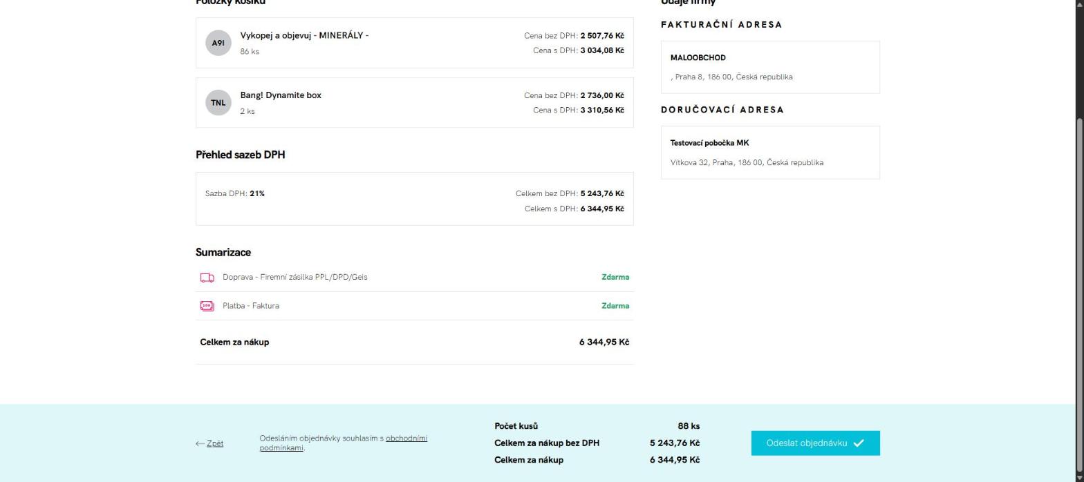 Krok 3 B2B košíku: položky s kódem cost levelu, přehled sazeb DPH, sumarizace a tlačítko Odeslat objednávku